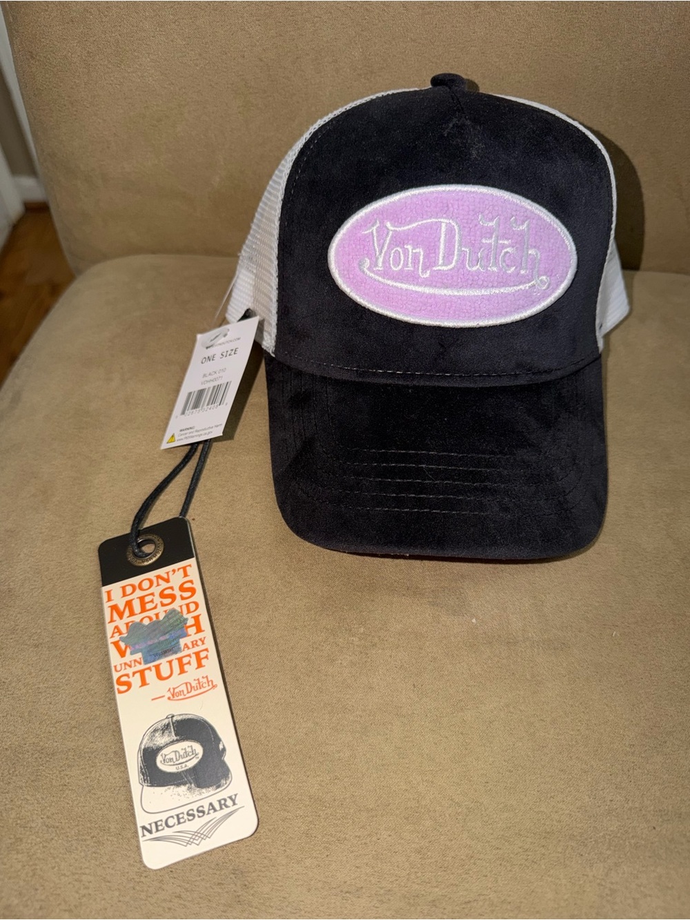 Von Dutch Black Hat with Light Pink Oval Logo Patch